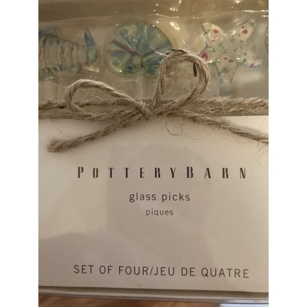 Pottery Barn Glass Picks Set Of 4 Beachy‎ Fish Shell Starfish Ocean Sea NEW
